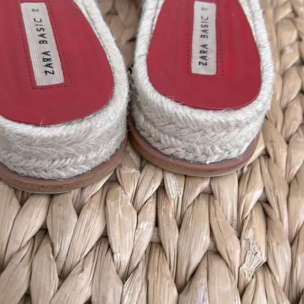 Women's ZARA Basic Red Leather Espadrlle‎ Buckle Flat Sandals Slides sz 8.5 - 39